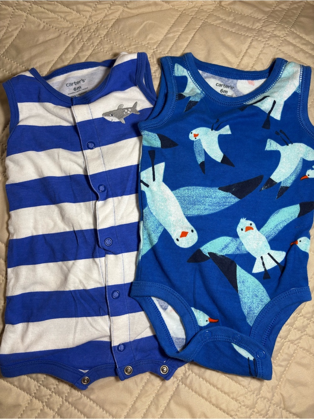 Carter's Blue Striped Romper & Blue Seagull Print Romper Set